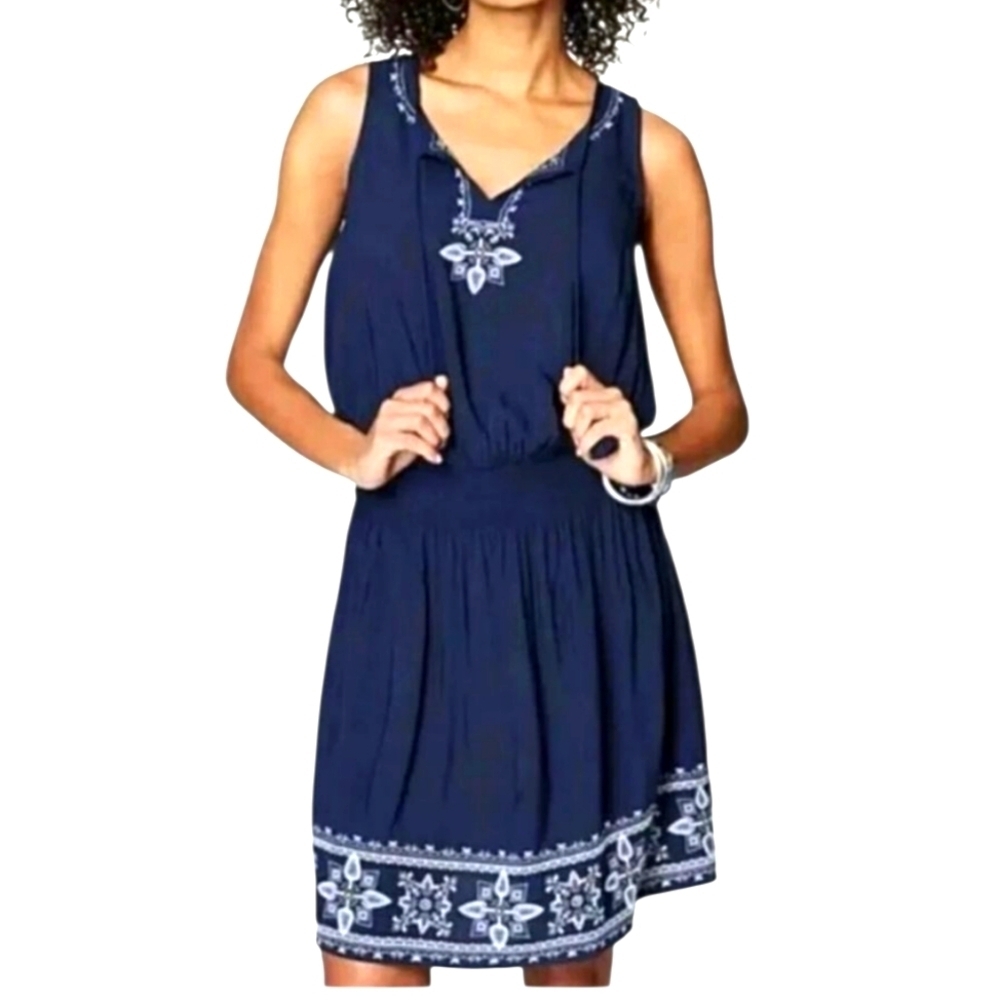 J JILL Navy Embroidered Sleeveless Boho Dress